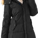 Women's Long Thicken Puffer Jacket Warm Coat with Faux Fur Removable Hood (Black, L)