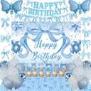 Blue Bow Birthday Decorations for Girls Women, Coquette Bow Birthday Decorations, Light Blue and White Happy Birthday Banner Backdrop Balloons Tablecloth, Bows Theme Baby Shower Bday Party Decor Girl