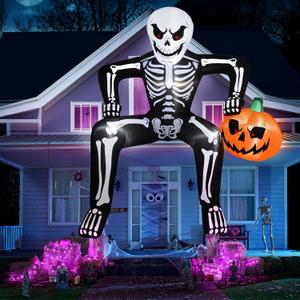 JOYIN 8.5ft Halloween Inflatable Skeleton, Blow Up Skeleton Holding Pumpkin for Rooftop Outdoor Decoration with LED Light, Blow Up Skeleton Sitting On The Roof for Halloween Rooftop Yard Party Decor