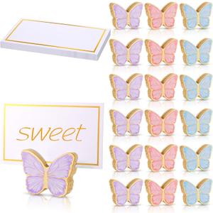 Kigley 18 Pcs Butterfly Place Card Holders with 25 Pcs Gold Foil Place Cards Wooden Table Number Name Photo Stand Clips Tea Party Decorations for Wedding Centerpieces Baby Shower Birthday Supply