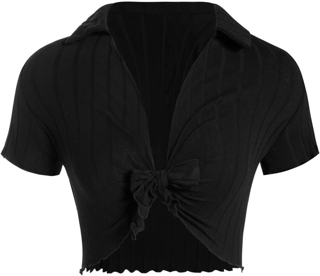 Milumia Women Tie Front Crop Tops Sexy Deep V Neck Y2k Going Out Rave Shirts, XL