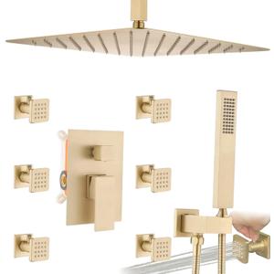 Enga Body Jets Shower System with On-Off Switch, 16 Inch Ceiling Rain Shower Head with Jets Shower Faucet Fixture Complete Set Brushed Gold