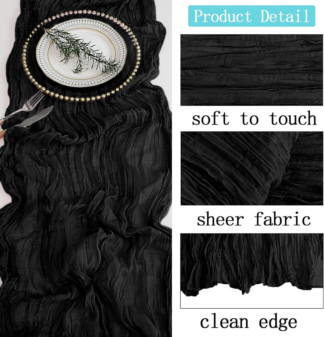3 Pack Black Cheesecloth Table Runner 20 x 120 inch Gauze Table Runners 10 FT Long,Semi Sheer Boho Cheese Cloth Fabric Table Runner Bulk for Wedding,Party,Baby Shower,Bridal Shower Decoration
