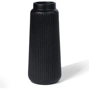 Black Ceramic Vase, 8 Inch Conical Flower Vase for Pampas Grass, Modern Minimalist Ribbed Decorative Vase for Living Room Table, Shelf Decor