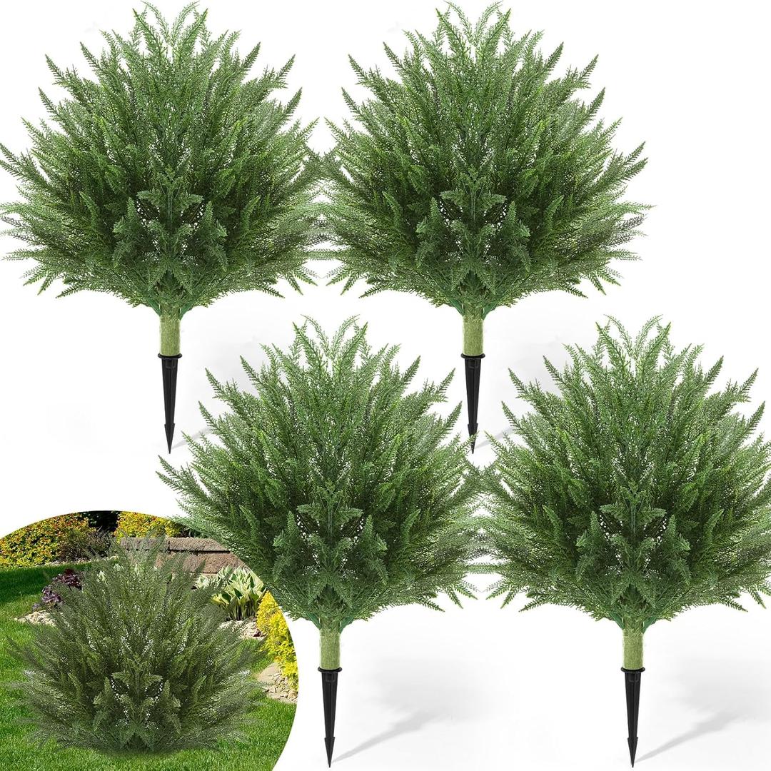 4 Pack 24'' Artificial Cedar Topiary Ball Outdoor Pine Tree with Spike UV Resistant Cypress Potted Bushes Evergreen Faux Shrub for Early Spring Outdoor Garden Porch Yard Decor