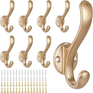 8 Pack Coat Hooks Wall Mount Heavy Duty Utility Retro Double Hooks for Hanging Coats,Hat, Towel, Key, Robe, Scarf, Bag, Cap (Gold)