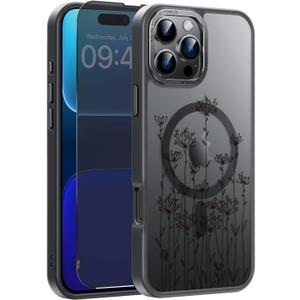 FUNMIKO for iPhone 16 Pro Max Case with Privacy Screen Protector, Wireless Charging Compatible, Shockproof Translucent Matte Cover - Cute Floral Design Phone Case for Women - Elegant Small Flower