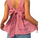 WDIRARA Women's Linen Tie Back Tank Top Square Neck Plaid Peplum Babydoll Tops (Red, M)