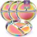 Bakpoco Stainless Steel Kids Plates 4 Packs, Deepened 9" Portion Control Plate Divided Plate for Toddlers Bigger Appetite, Non Toxic Unbreakable Metal Lunch Dishes, Colorful
