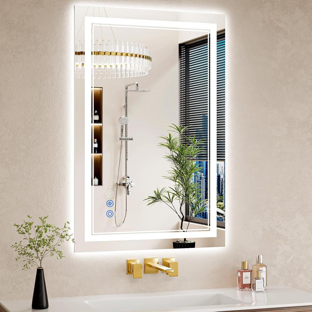 24X36 LED Bathroom Mirror with Lights, Anti-Fog, Backlit + Front Lit, Dimmable, Led Vanity Mirror for Wall, Lighted Bathroom Mirror, 3 Colors, Shatter-Proof Tempered Glass