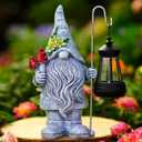 Garden Gnome Statue with Solar Lights Lantern,Outdoor Sculpture Home Decor for Yard Lawn Balcony Patio Porch,Gardening Gifts for Mom Women Grandma