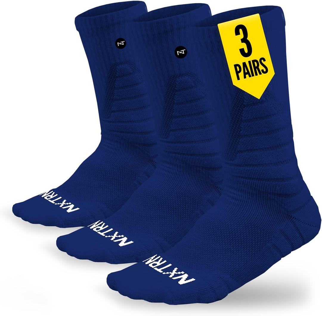 NXTRND 3 Pairs Compression Sports Crew Socks for Men, Cushion Athletic Socks, Basketball, Football and Running (Medium, Navy Blue)