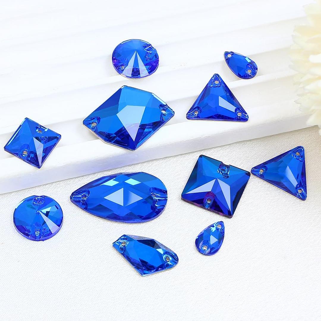 Sew On Glass Rhinestone,81Pcs Mix Shape Sew On Crystal Flatback Sewing Gems with Holes for Clothes Shoes Dress Costume Garment DIY CraftsCapri Blue