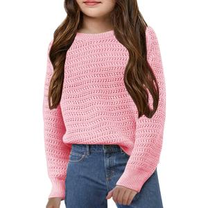 Girls Knit Sweaters Kids Fashion Chunky Crewneck Pullover Jumper Tops 5-14 Years (9-10 Years, Pink)