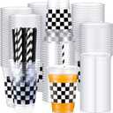 meekoo 50 Sets Checkered Cup with Flat Lids and Straws 12 oz White Black Checkered Flag Plastic Cups Clear Drink Disposable Cups with Lids for Race Car Themed Party Birthday Baby Shower Car Sports, White Black Checkered Flag, Plaid