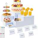 Nestable Buffet Risers - 6 Pcs White Acrylic Food Risers with Signs & Markers Sturdy Dessert Table Display Stands for Parties, Catering, Jewelry & Collectibles (Easy-Store Stackable Cubes: 8", 7", 6", 5", 4", 3")