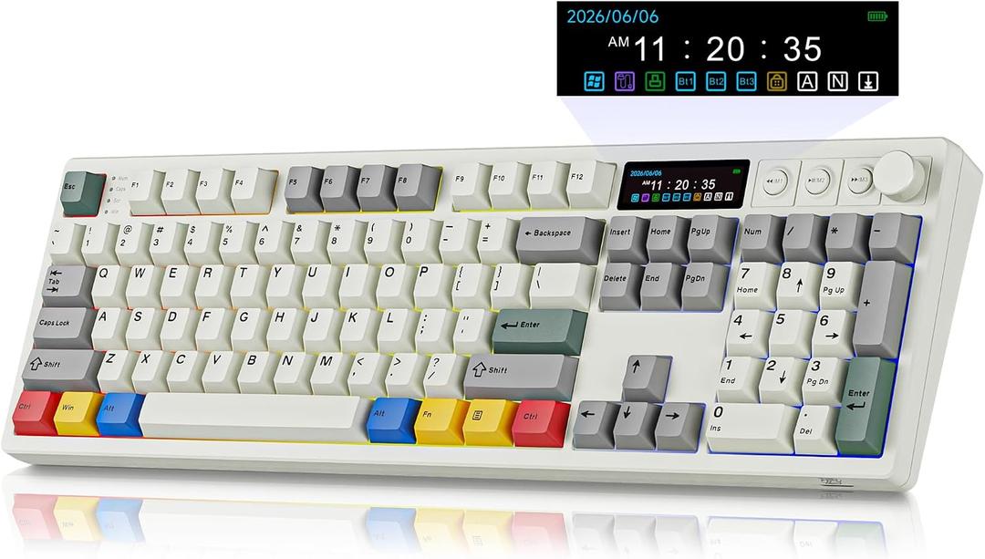 BOYI K104Pro Mechanical Keyboard with 2.2" Screen&Media Knob,QMK/VIA Custom BT5.0/2.4GHz/Type-C Gasket Mounted Hot Swap RGB Full Size Creamy Wireless Keyboard NKRO Gaming Keyboard for PC/Mac(Retro)