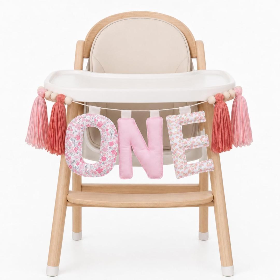 Suncalla Pre-strung Fabric Happy Birthday Banner Felt One High Chair Banner 1st First Birthday Bunting Garland Decorations for Party Photo Home Backdrop(Flower One,Pastel)