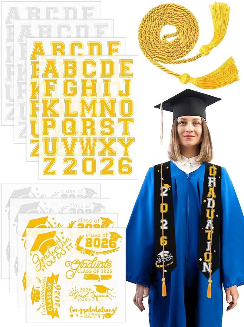 2 x JULBEAR Graduation Stole Class of 2026, 8 Sheets Graduation Iron on Stickers Graduation Cord DIY Black Graduation Stole Gold Honor Cord Unisex Adult Graduation Sash Letters Patterns Number Patches
