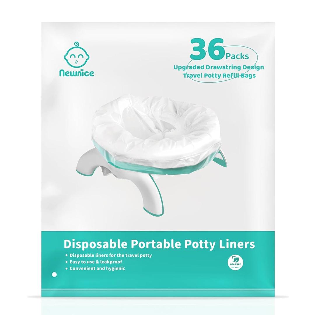 [36 Counts] Newnice Upgraded Drawstring Potty Liners with 20s Quick Absorb Pads, Travel Potty Bags for Toddler Road Trips, Portable Toilet Refills Fit OXO Tot 2-in-1 & Commode Chairs