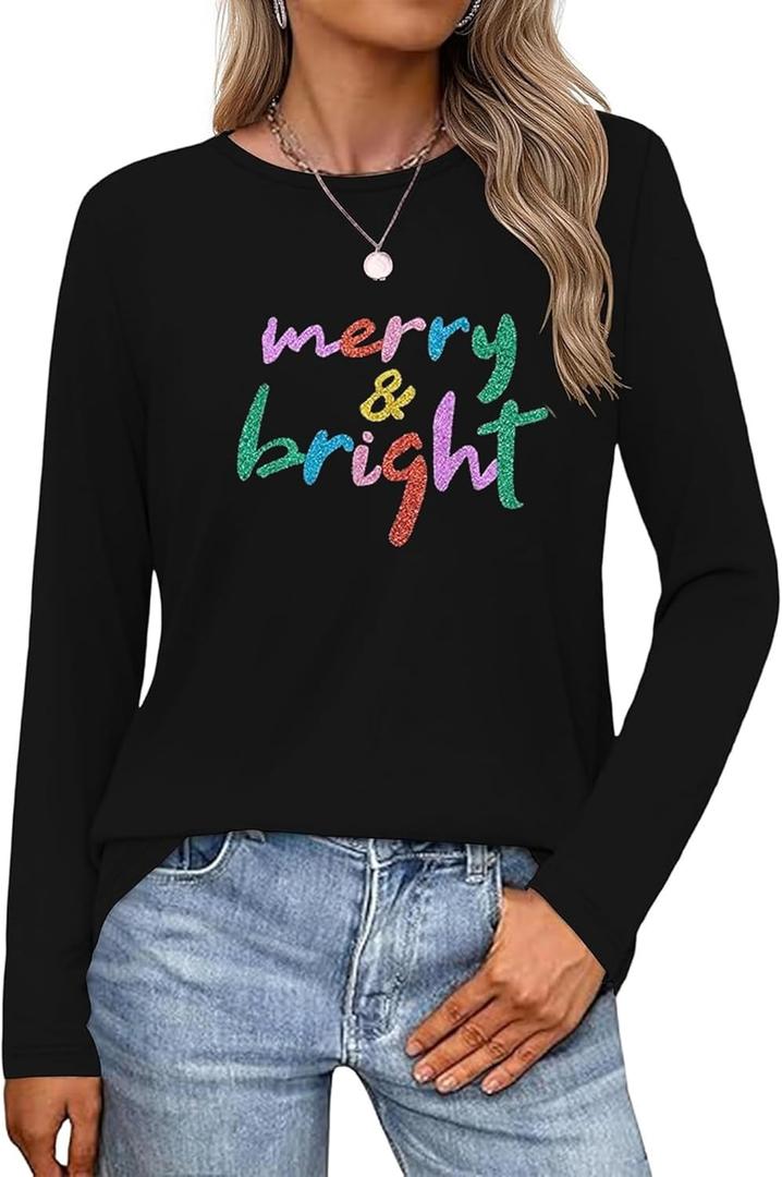 Christmas Shirts for Women Retro Pink Santa Vintage Cute Christmas Tree and Bow Graphic Xmas Vacation Tees Top (Black, L)