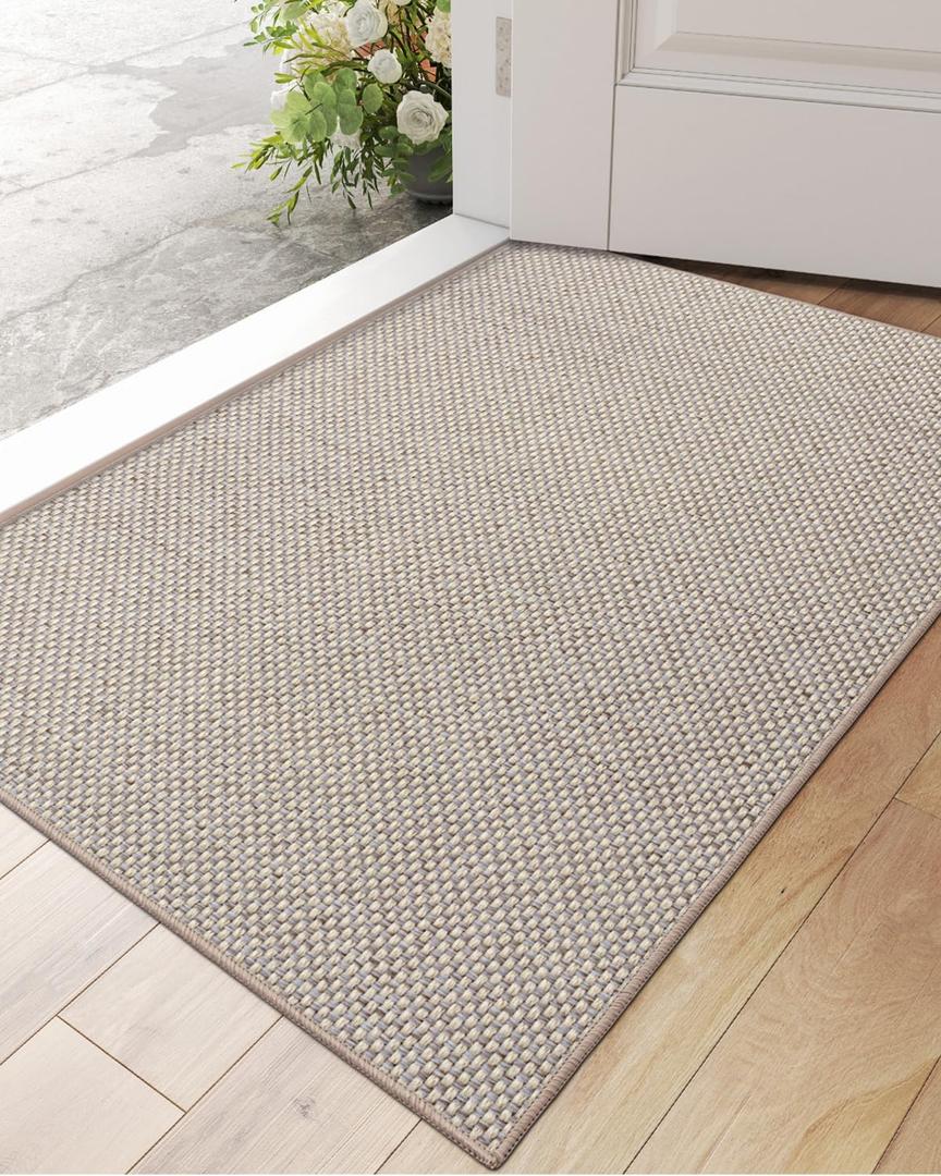 DEXI Ultra Thin Door Mat Indoor Entrance 24x36, Non Slip Rubber Backed Entryway Mats Dirt Trapper, Low Profile Front Doormat for Inside Entry, Patio, Porch, Beige