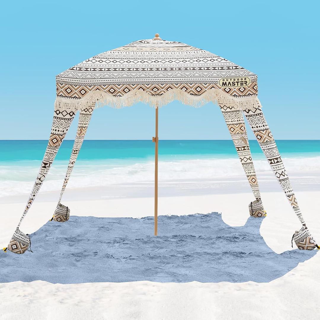 OutdoorMaster Beach Cabana with Fringes, Portable 6' x 6' Beach Canopy for Sand, Easy Set Up Beach Shelter, Included Side Wall, UPF 50+ UV Protection Sun Umbrella - for Family & Friends