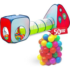 Kiddey 3-in-1 Kids Pop-Up Play Tent, Crawl Tunnel, & Ball Pit Set with 50 Play Balls - 3 Piece Durable Pretend Playhouse Tent for Boys, Girls, Toddlers & Pets - Indoor & Outdoor with Carry Case