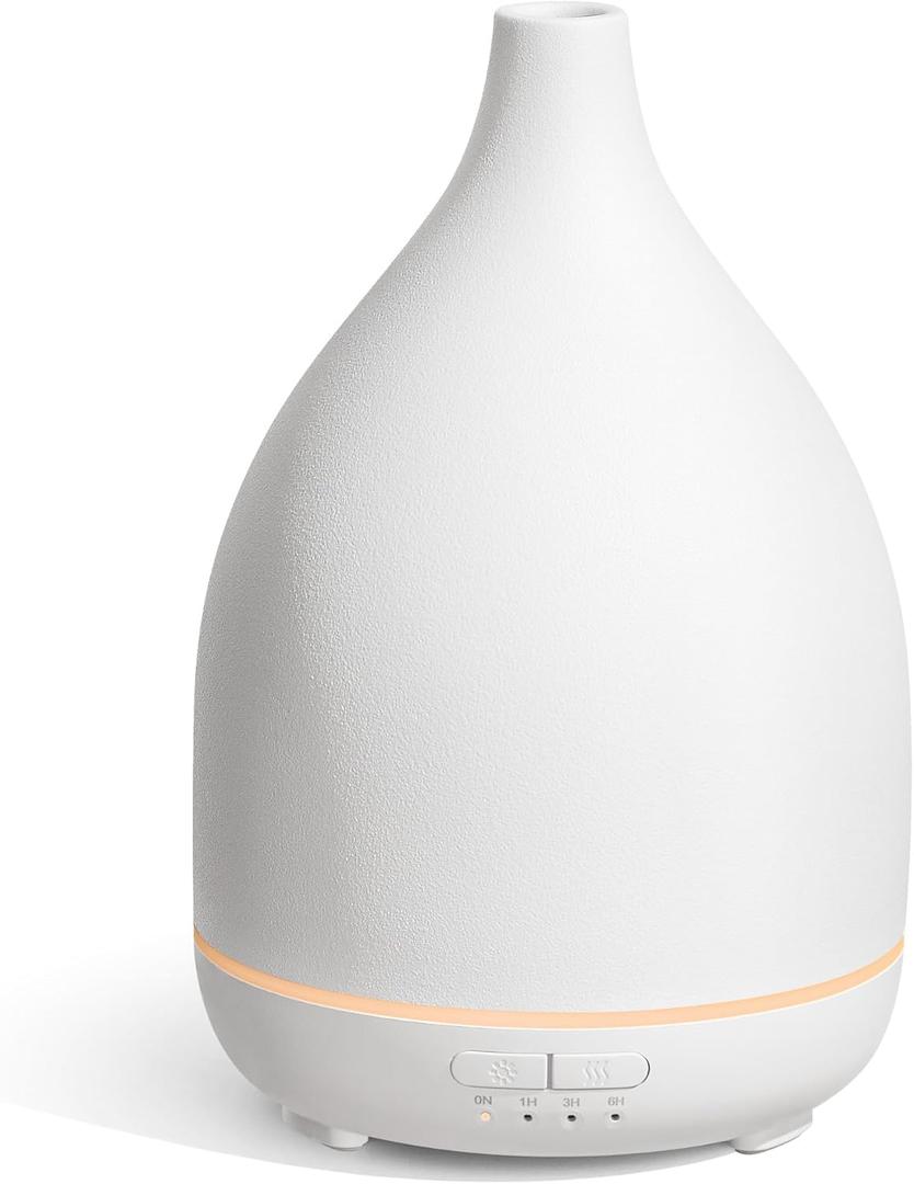 InnoGear Oil Diffuser, 300ML Ceramic Diffuser for Essential Oils Handcrafted Aromatherapy Diffuser Ultrasonic Cool Mist Humidifier with 4 Timers Waterless Auto Off for Room Office, White Base, Large