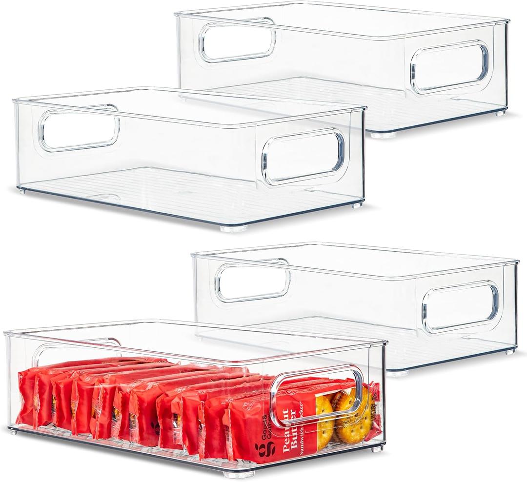 4 Pack Clear Plastic Organizing Container with Integraged Handles for Home Organization for Kitchen, Pantry, Fridge, Freezer, Cabinet,Bathroom, A&C Room, Stackable. 10"x6"x3"