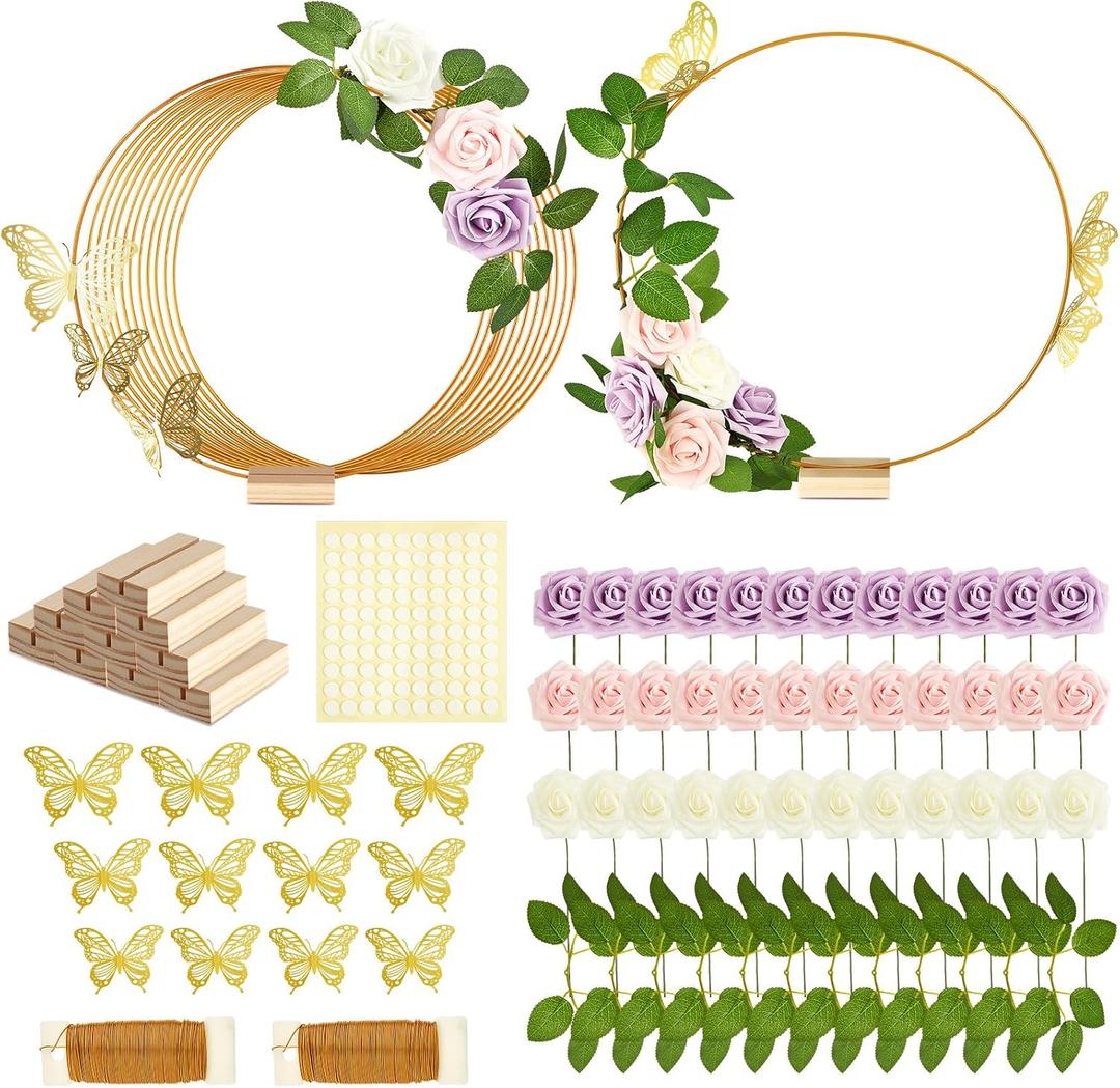 Vercraft 12 Set butterfly Metal Floral Hoop Table Centerpieces Include Metal Ring with Base 3D Butterfly Decoration, PE Foam Flower, Adhesive Dots, Gold Wires for DIY Wedding Baptism Party(Round)