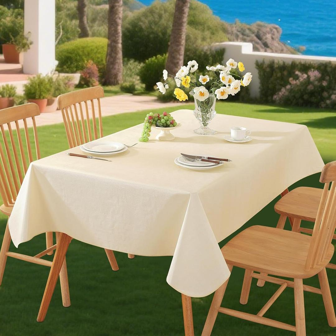Rectangle Tablecloth Wipeable Vinyl Tablecloths with Flannel Backing, Plastic Outdoor Oil-Proof Waterproof Table Cover, Both Indoors and Outdoors. (Beige, 52" x 70")