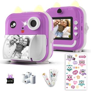 Kids Camera Instant Print - 48MP Dual Lens, 1080P Video, Thermal Printing with 4 Paper Rolls - Fun Filters, Stickers & Games - Bluetooth App, 32GB Card - Gift for Girls & Boys Ages 3-12 (Purple)