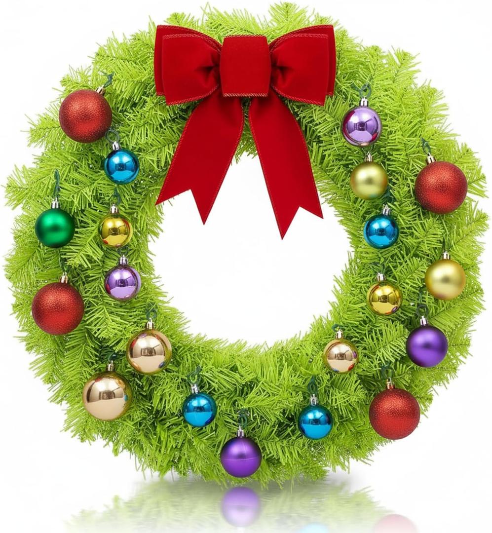 Daifunli 24 Inch Lime Green Christmas Wreath Large Red Bow and Colored Balls Ornaments Artificial Spruce Wreath for Xmas Winter Holiday Front Door Wall Windows Mantle Home Decoration