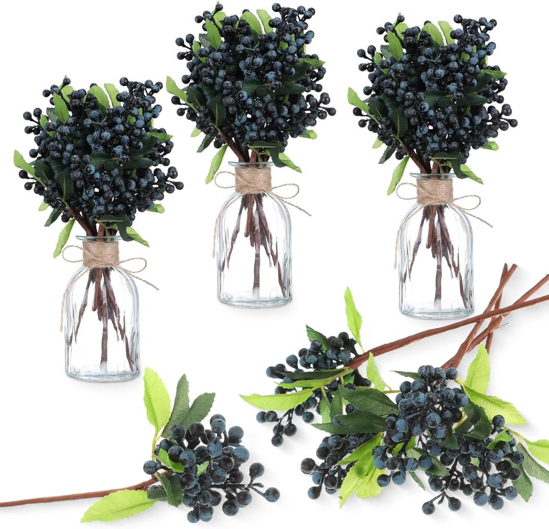 Yunsailing 30 Pcs Artificial Blue Berry Stems Bulk, 9.8 Inch Faux Berry Picks with Green Leaves, Fake Short Branch Fruit Flower for Tree Garland Home Wedding DIY Party Decoration(Blue)