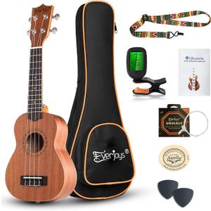 Everjoys Soprano Ukulele Starter Kit - Professional Mahogany 21 inch Ukelele w/Online Lesson Case Strap Digital Tuner Aquila Strings (Sali)