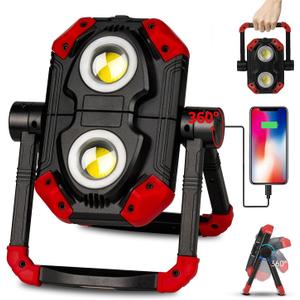 Yzoni LED Work Light Rechargeable, 2 COB 2500LM Folding Portable Flood Light with Magnetic Base and 360 Rotation Stand, Spotlights for Camping, Car Repairing, Emergency and Job Site Lighting (Dark Red)