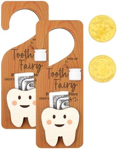 WALLFID 2-Piece Tooth Fairy Set with 2 Tooth Fairy Coins,Tooth Fairy Door Hanger with Tooth Holder & Gift Compartment,Perfect for Celebrating Lost Teeth