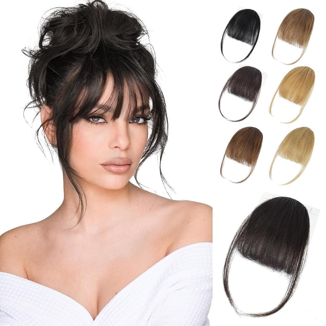 Lommel Clip in Bangs,100% Real Human Hair Wispy Fake Bangs Hair Clip for Women Brown Black Natural Curtain Fringe with Temples Hairpieces for Daily Wear and Various festivals (Brown Black)