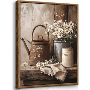 Framed Rustic Daisy Wall Art Farmhouse Bathroom Wall Decor Vintage Country Flower Painting Pictures Spring Summer Poster Prints Rustic Decor Artwork for Bedroom Living Room Home Decoration 16X24in