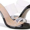 Husmeu Women's Clear Heeled Sandals Square Toe Two Strap Stiletto High Heeled Sandal Transparent Strap Backless Slip on Mules Heeled Sandals (9.5-10, Black)
