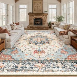 RELEANY Area Rugs 10'x12' Washable Non-Slip, Floral Vintage Distress Print Pattern Medallion Carpet for Living Room Bedroom Dining Room, Beige Navy Blue Orange Colorful
