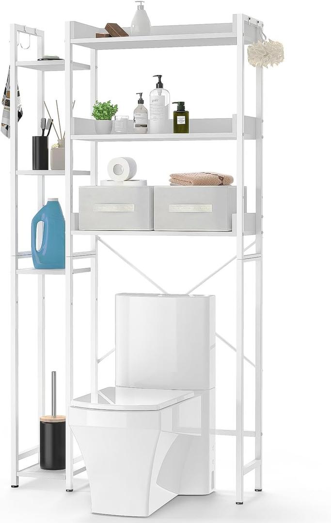 Over The Toilet Storage Shelf, 7-Tier Bathroom Organizer Shelf, Freestanding Space Saver Storage Shelf with Two Fabric Drawers & Adjustable Feet, Toilet Rack for Bathroom, Restroom, Laundry