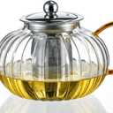 Glass Teapot 33.8oz/1000ml, Glass Tea Kettle with Removable Infuser, Pumpkin Shape Hand Blown Teapot for Blooming Flower Tea and Loose Leaf, Father's Day Gifts
