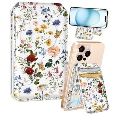 Shorogyt Compatible with Magsafe Wallet Magnetic Card Holder -Vintage Flower Phone Wallets for Women Girls Cute Pattern for iPhone 16/15/14/13/12 Series Slim for Apple Mag RFID Magnet, Fit 3 Cards