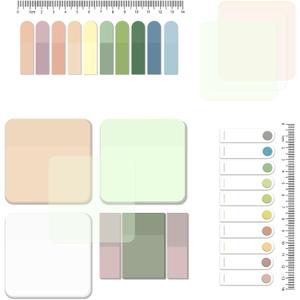 BAYTORY 700 Sheets Pastel Transparent Sticky Notes, Clear Waterproof 3 x 3 inch See Through Memo Pad, Self-Adhesive Translucent Writable Index Tabs for Annotating Books, Study Stationary Supplies (Arc-angle Morandi)