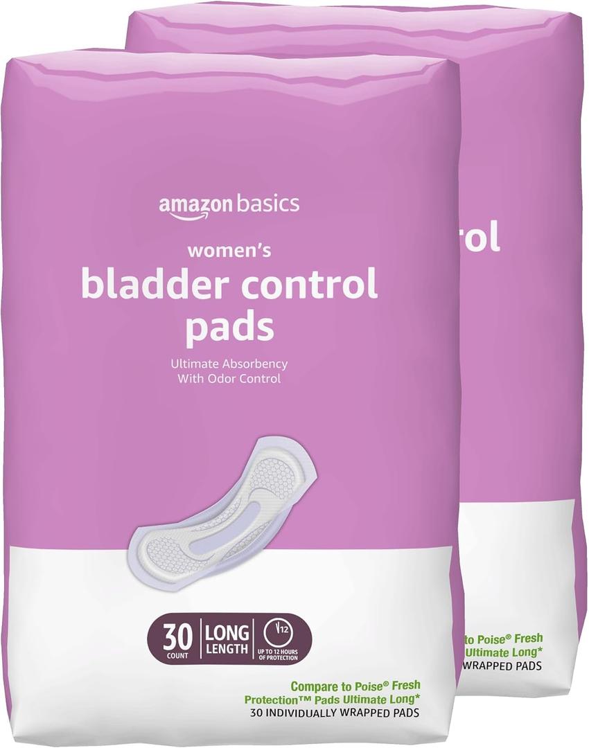 Amazon Basics Incontinence Pads for Women, Long, Bladder Control, Postpartum, Ultimate Absorbency, Unscented, with Odor Control, 60 Count (2 Packs of 30)