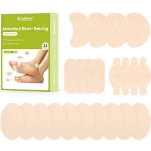 Bukihome Moleskin Adhesive Pads for Feet - Blister Prevention Tape - Moleskin Padding for Blisters, Shoes, Toes, Heel, Reduce Friction Pain - 11 Sheets of 4 Shapes (22 Pieces Total, Beige)