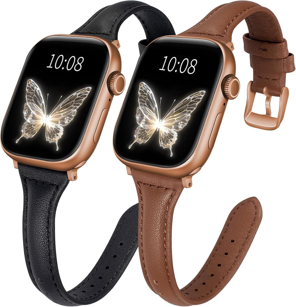2 pack Slim Leather Bands Compatible with Apple Watch Band 38mm 40mm 41mm 42mm 44mm 45mm 46mm 49mm Women,Top Layer Genuine Leather Strap for iWatch Series 11/10/9/8/7/6 5/4/3/2/1/SE/Ultra (Black+Brown/Rose Gold)