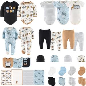 The Peanutshell Baby Layette Gift Set for Boys or Girls - Unisex Newborn Gift Sets, Baby Clothes & Essentials, Safari (0-3 Months)